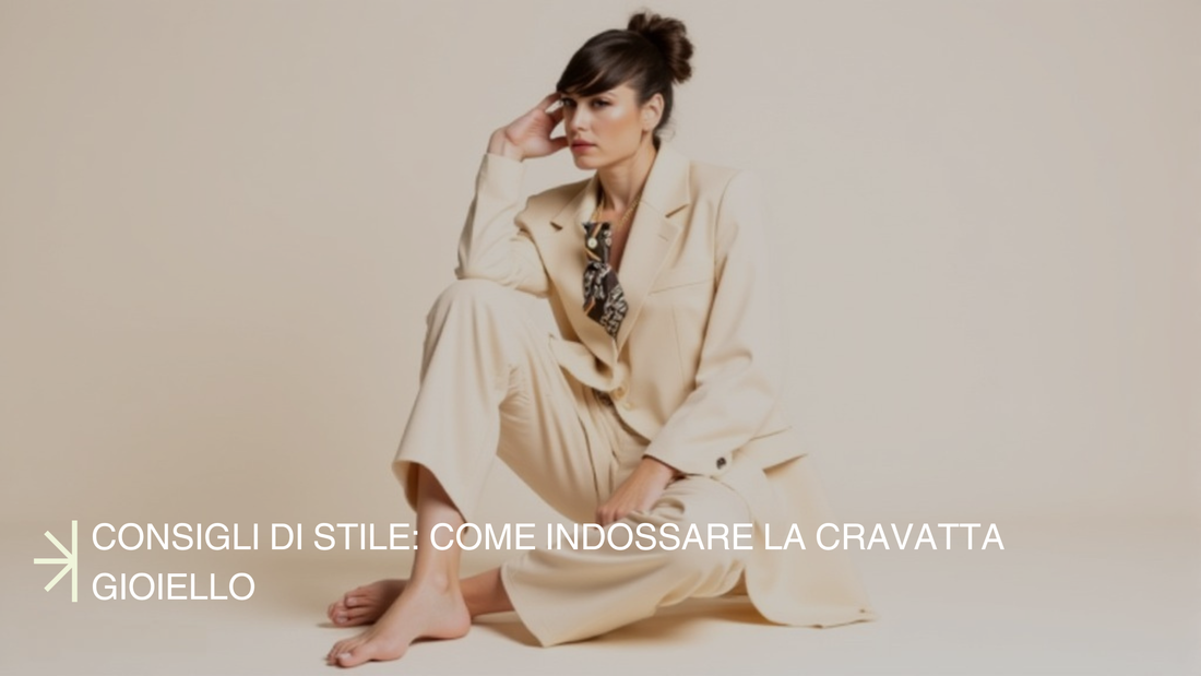 Modella che indossa una Cravatta Gioiello Claudia De Rosa, gioiello trasformabile handmade in Italy, abbinato a look elegante e contemporaneo,