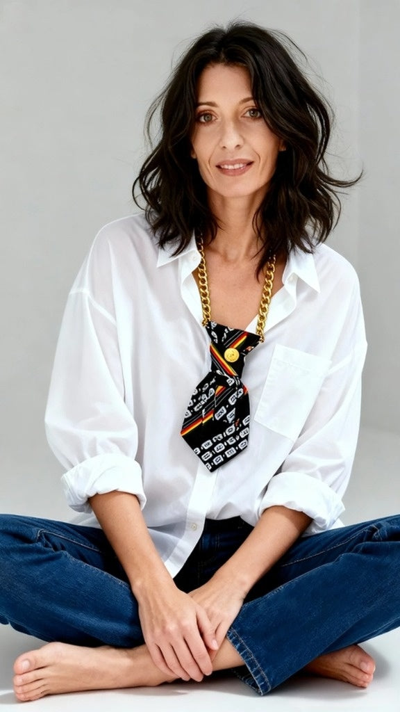 Donna seduta con camicia bianca e cravatta gioiello Claudia De Rosa Jewelry, simbolo di rinascita e stile mannish trasformabile.