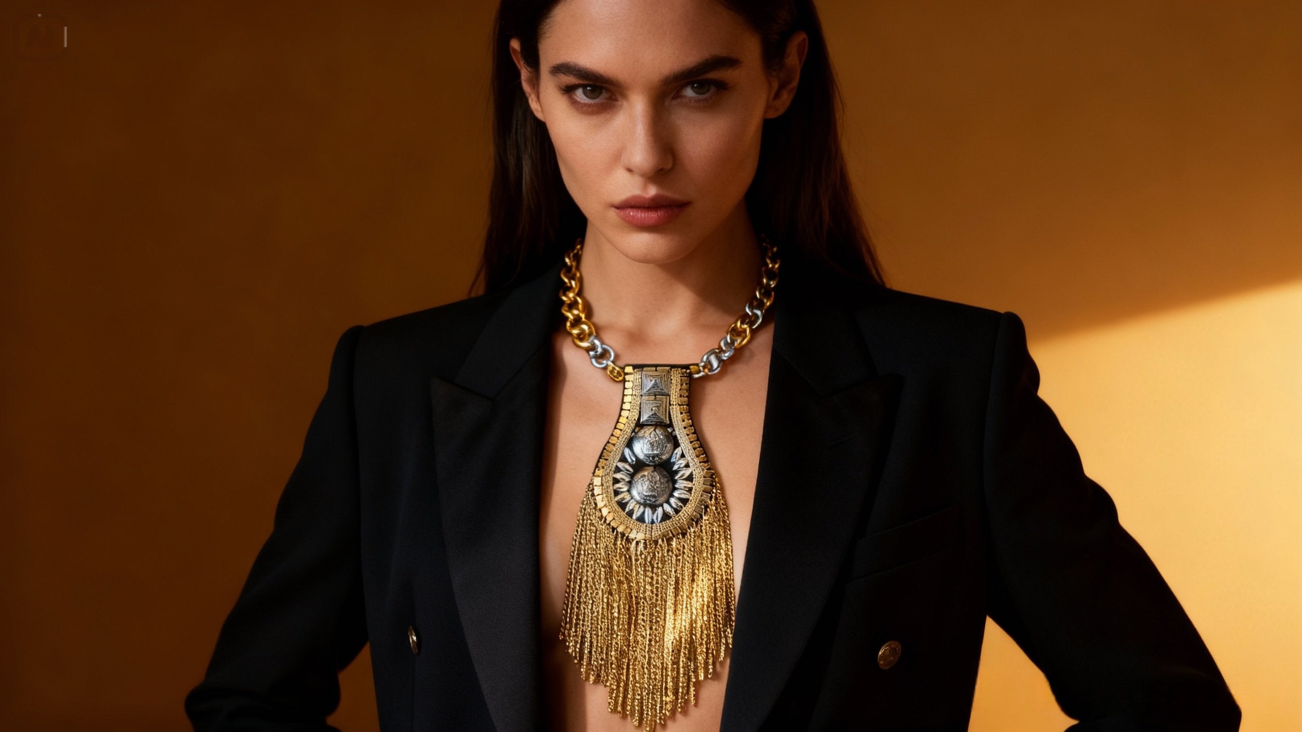 Model wearing Claudia De Rosa’s Mannish jeweled tie necklace — handmade in Italy, bold and transformable statement jewelry for empowered women