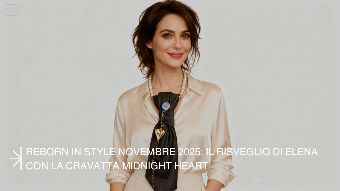 Ritratto realistico di Elena, donna di 37 anni, con cravatta gioiello Midnight Heart in raso nero e inserto a cuore di cristallo, seduta davanti a un diario con luce di candela, atmosfera calda e accogliente, espressione serena e riflessiva.