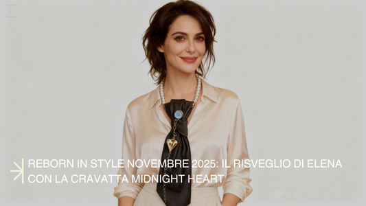 Ritratto realistico di Elena, donna di 37 anni, con cravatta gioiello Midnight Heart in raso nero e inserto a cuore di cristallo, seduta davanti a un diario con luce di candela, atmosfera calda e accogliente, espressione serena e riflessiva.