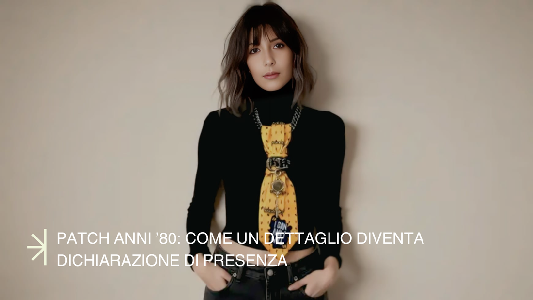 modella indossa cravatta gioiello con patch frase motivazionale