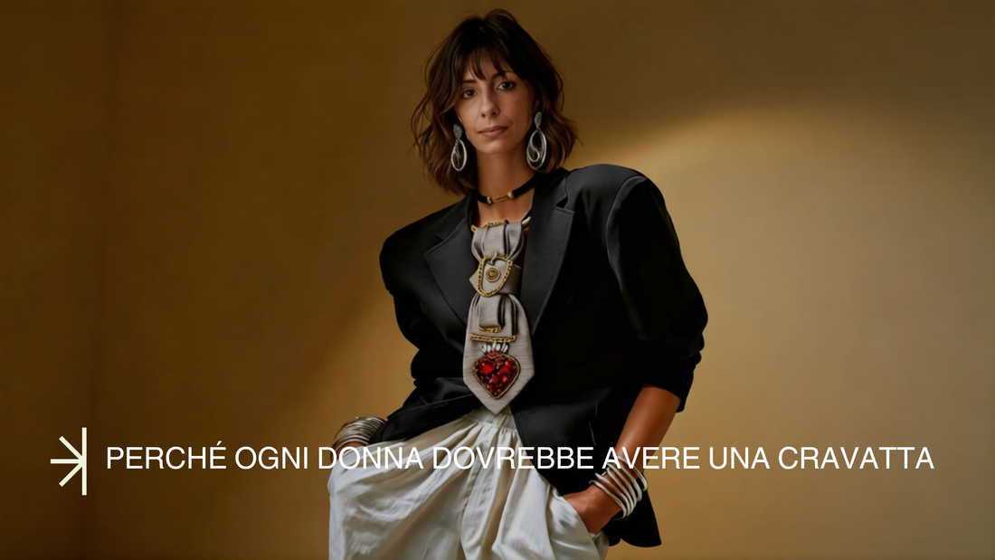 Cravatta femminile elegante che scivola sul collo, simbolo di stile, autorità e identità nel guardaroba donna