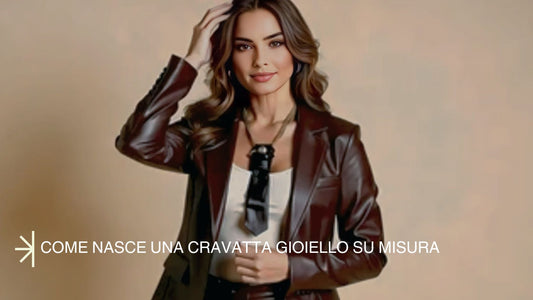 Collana cravatta gioiello su misura in similpelle color cioccolato con catena lunga 110 cm, fermacravatte e clap calamita con tormalina anguria