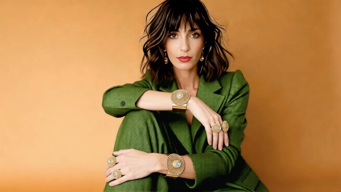 Modella con abito sartoriale verde indossa i gioielli calamita componibili by Claudia De Rosa Jewelry