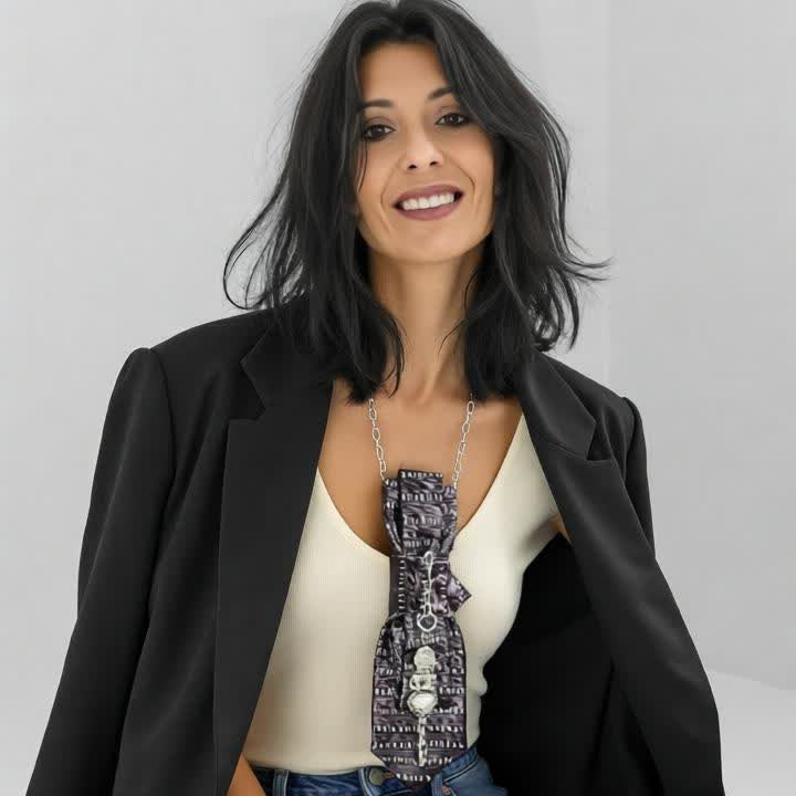 Claudia De Rosa indossa Collana Cravatta Gioiello Urban Warrior by claudia de rosa jewelry 3 pezzi in 1 con jeans ampio e blazer oversize grigio antracite