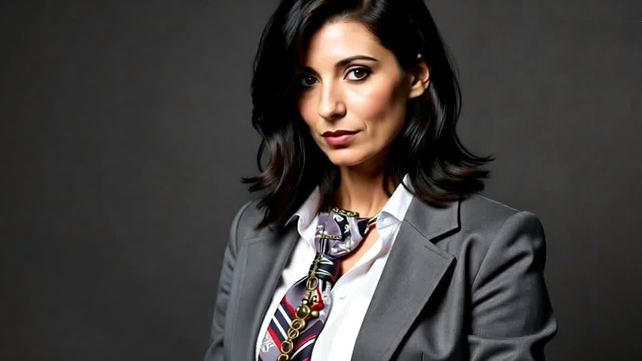 Claudia De Rosa indossa la collana Cravatta Gioiello Imperial Cross, jeans ampio e blazer oversize colore grigio antracite