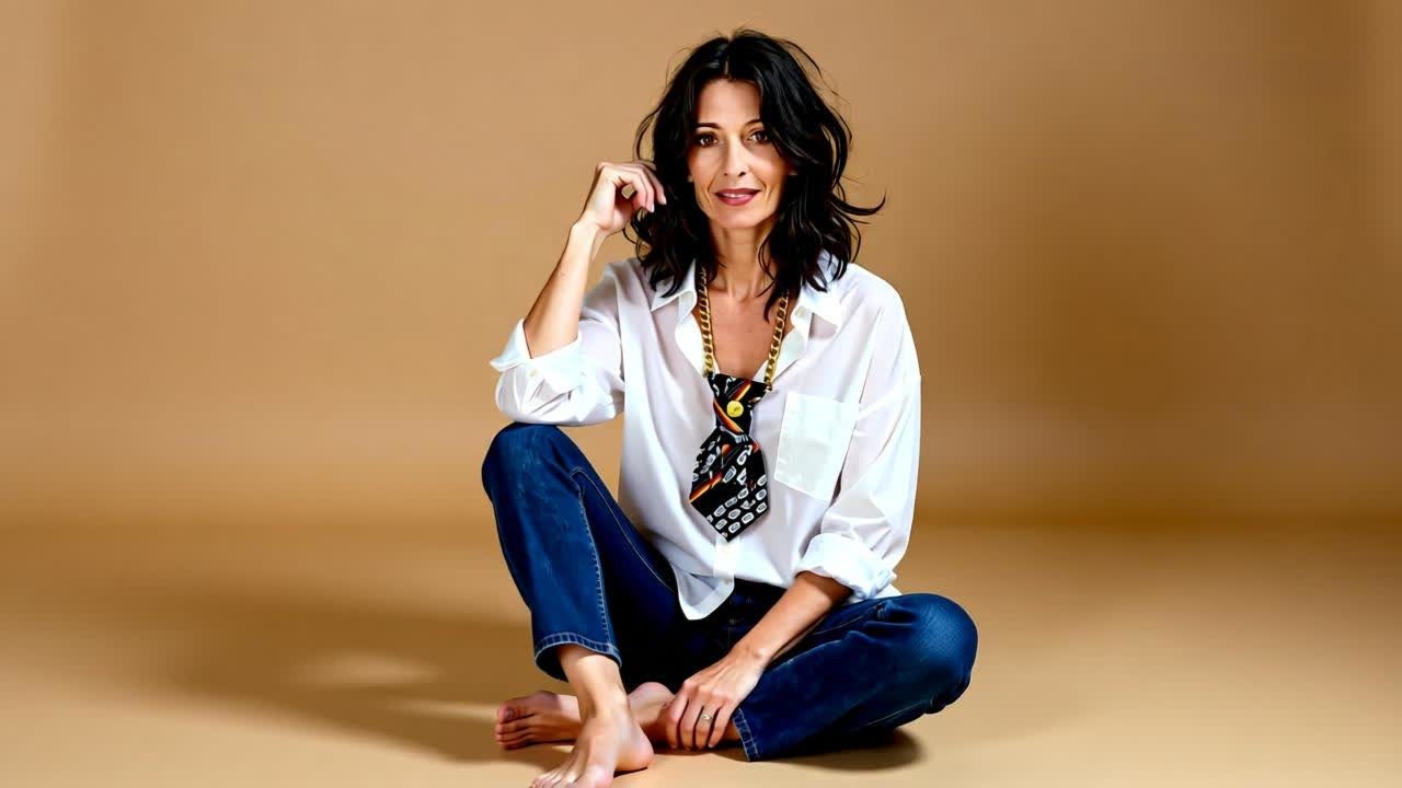 Claudia De Rosa indossa la cravatta gioiello Vintage Brown, jeans e camicia bianca oversize