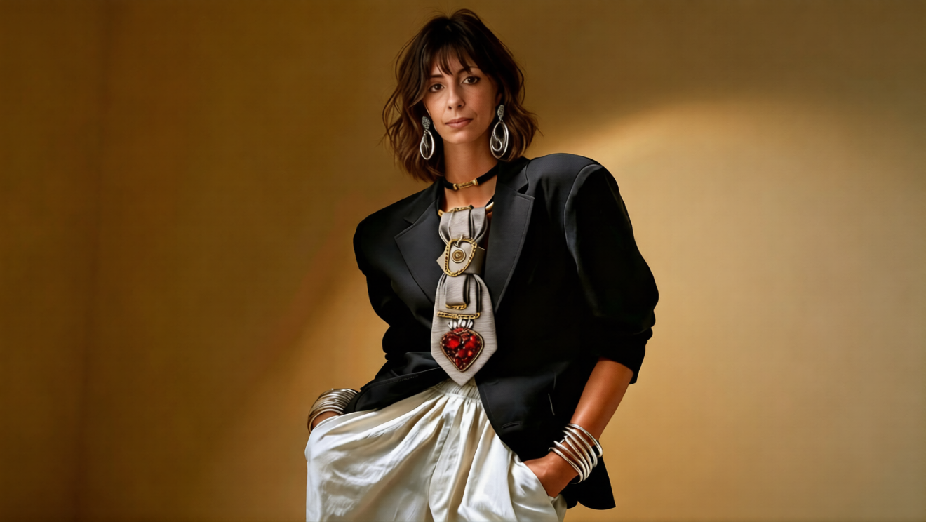 Claudia De Rosa indossa outfit anni 90 e cravatta Gioiello calamita