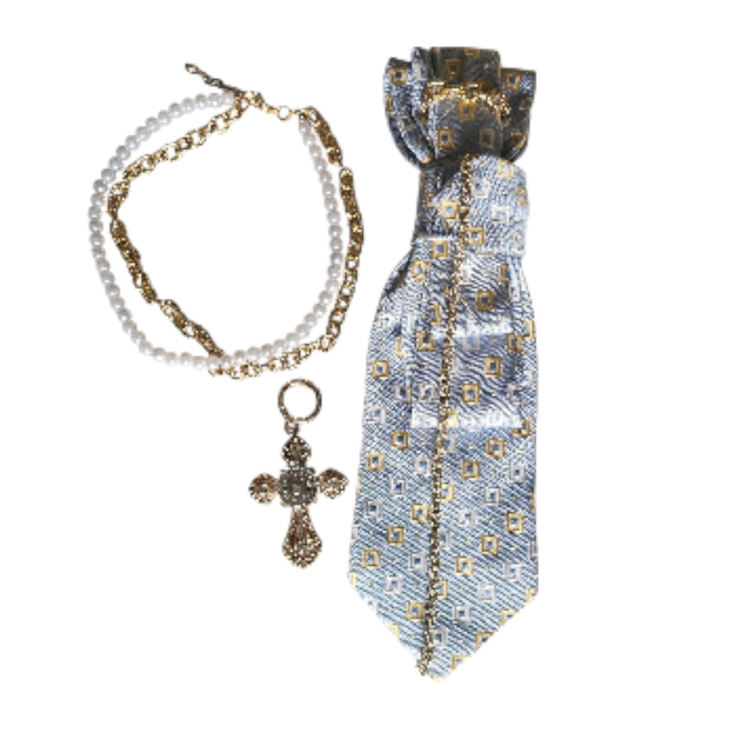 Collana Blue and Gold Cross 3x1: collana catena, cravatta pendente, charm croce dorata con aggancio magnetico per Clap Calamita