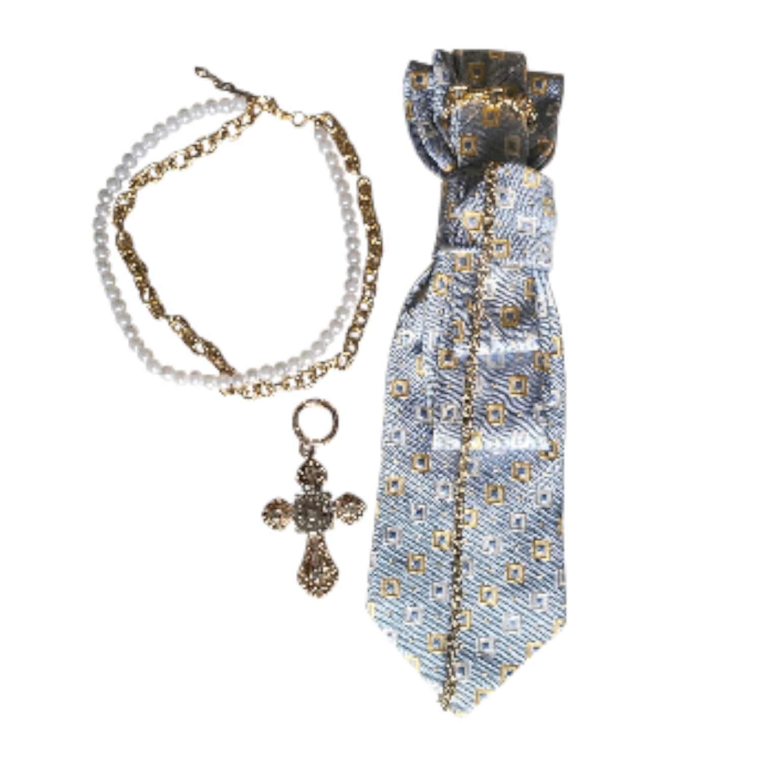 Collana Blue and Gold Cross 3x1: collana catena, cravatta pendente, charm croce dorata con aggancio magnetico per Clap Calamita