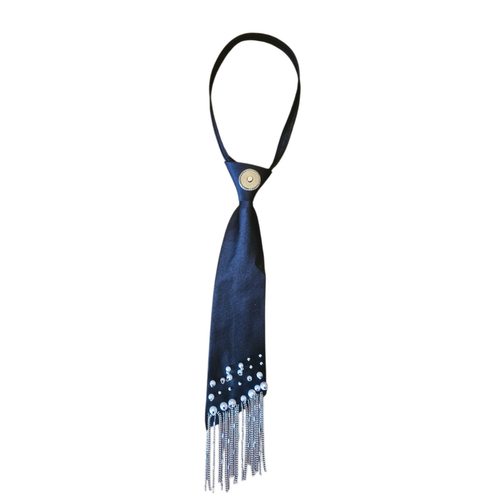 Collana cravatta donna in cotone blue notte con frange silver e perle di resina – Claudia De Rosa Jewelry