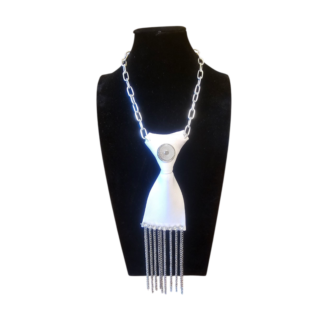 Collana donna trasformabile in cotone bianco con frange in catena e strass – Claudia De Rosa Jewelry