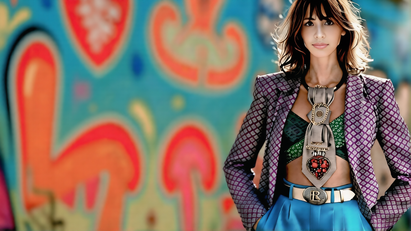 Modella indossa la Cravatta Gioiello Calamita Claudia De Rosa Jewelry componibili 4 pezzi in 1