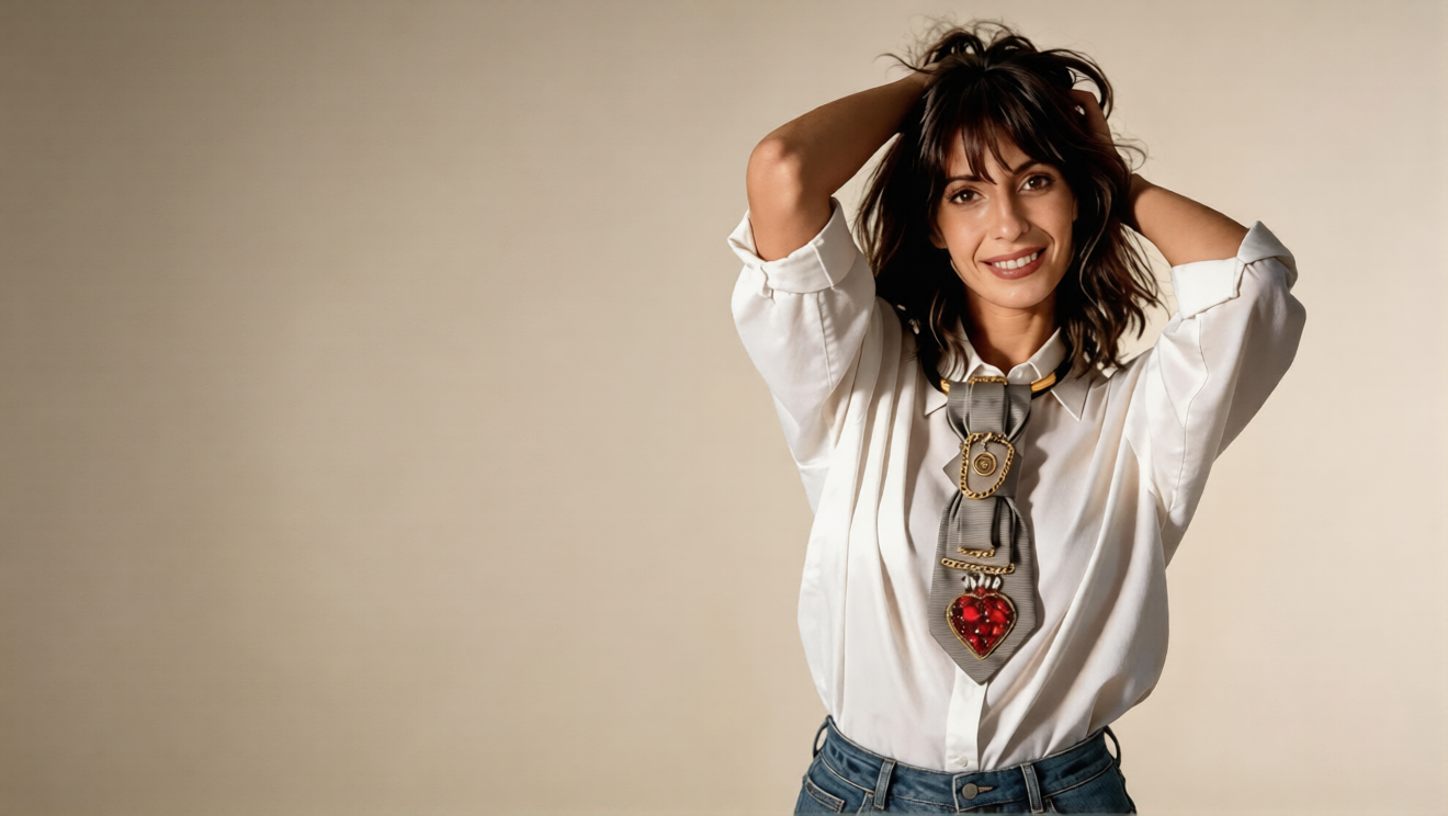 modella indossa cravatta gioiello con sacro cuore, camicia bianca e jeans