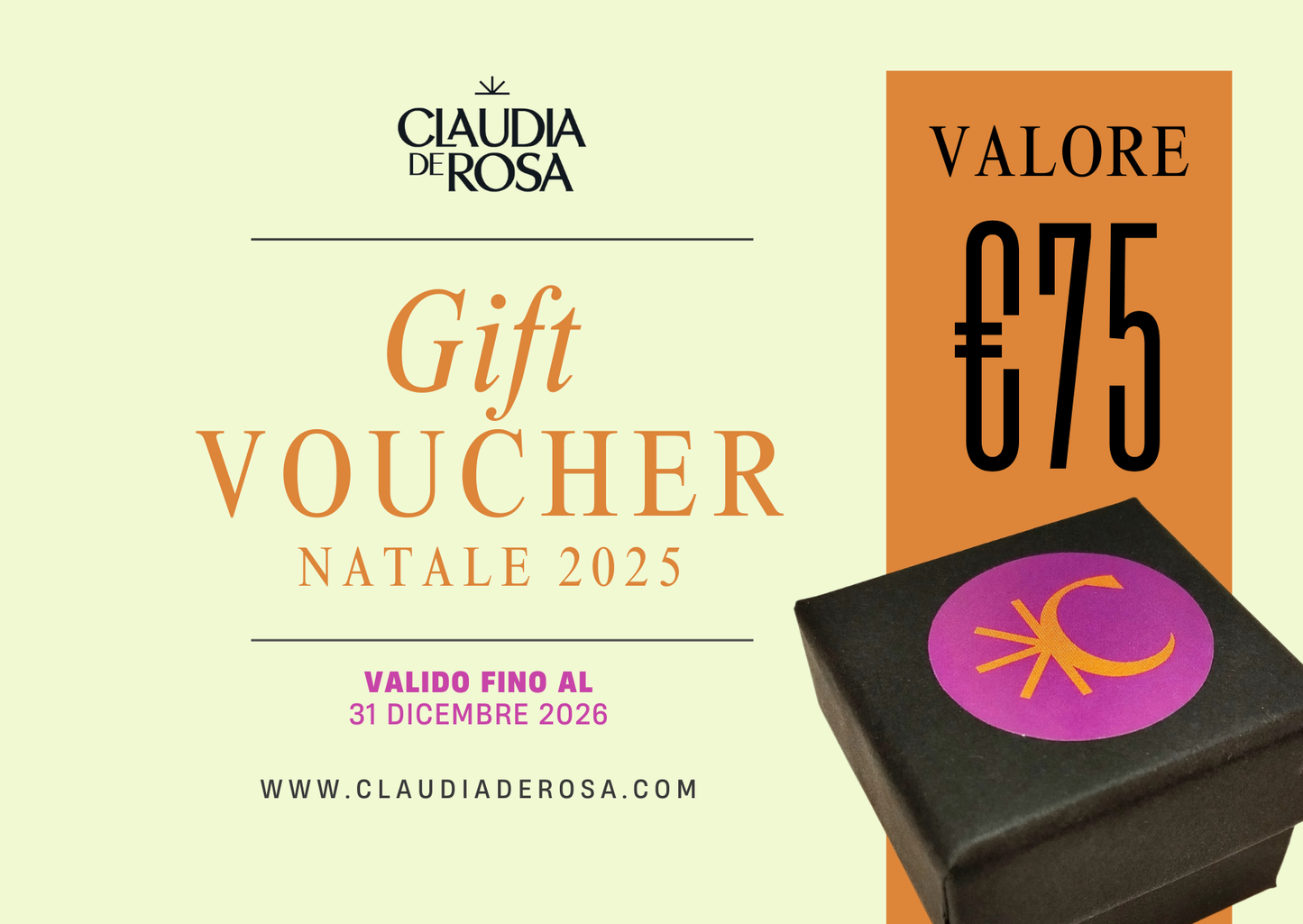 Gift Card Natale 2025 Claudia De Roda Jewelry di euro 75, ricevi buono sconto del 25%