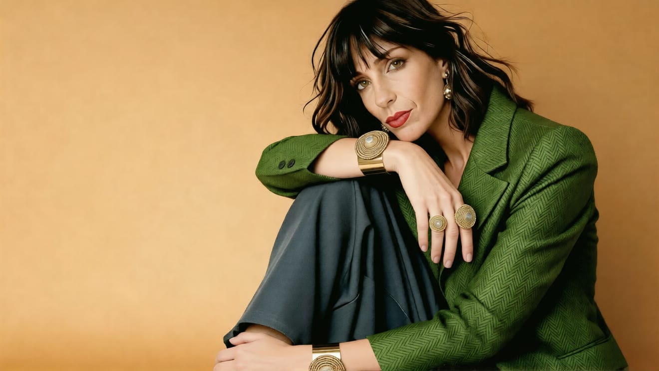 Gioielli Calamita indossati da Claudia De Rosa Jewelry in completo sartoriale verde e anelli e bracciali della collezione calamita