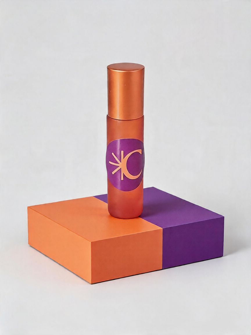 Flacone brandizzato di Magnetika eau de parfum 10 ml su piedistallo viola e arancione