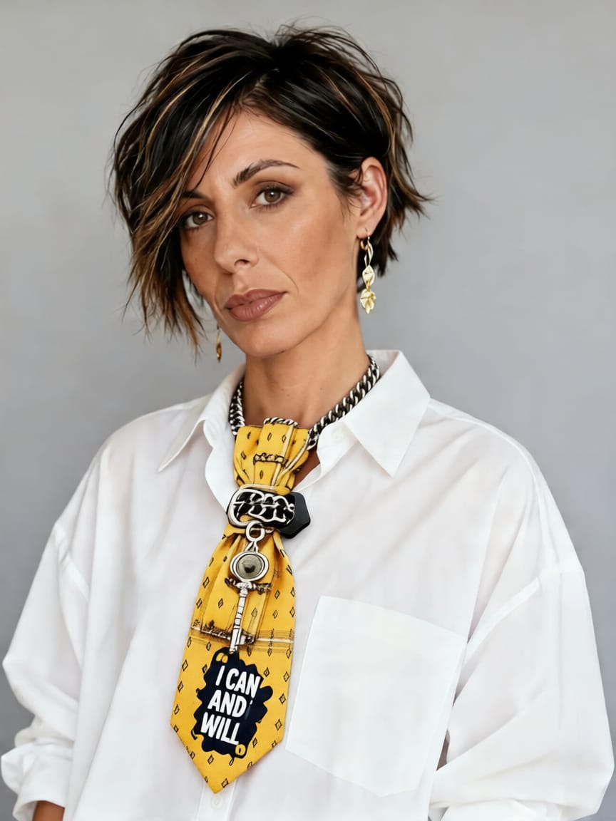 Modella con cravatta Gioiello Calamita "I can and I will"_camicia oversize bianca
