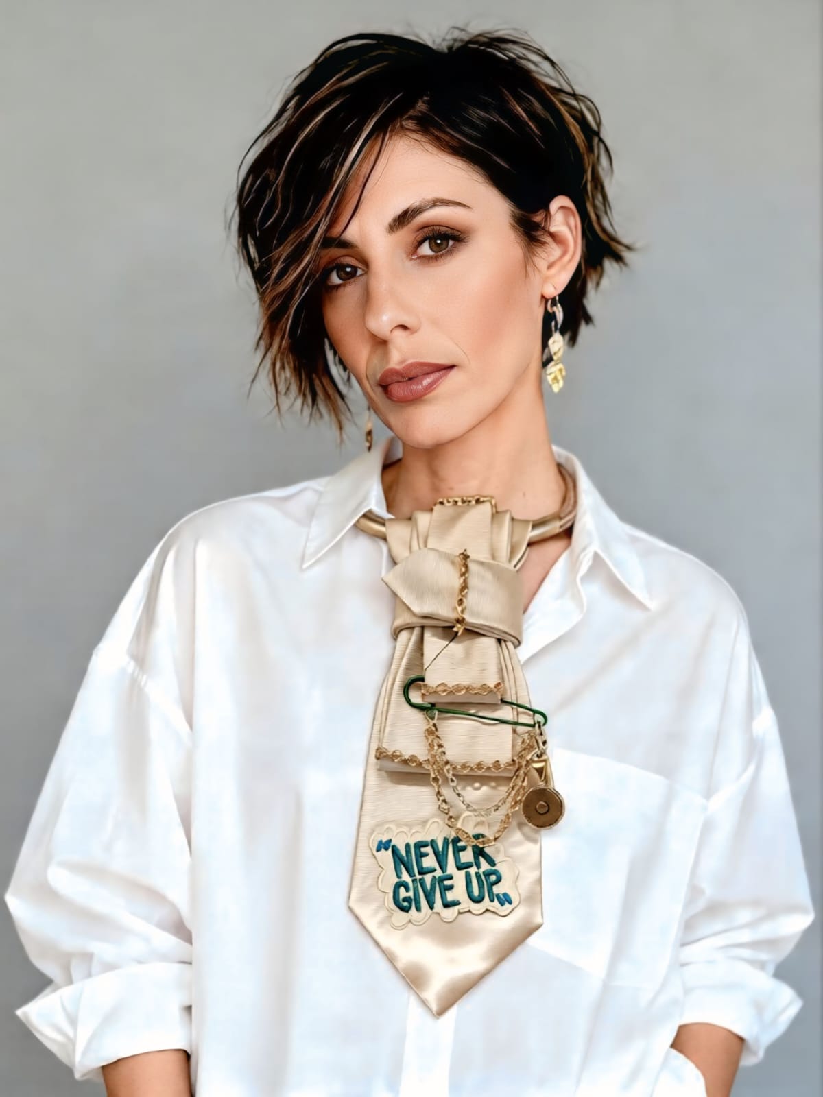 Modella con cravatta Gioiello Calamita "never give up"_camicia bianca oversize
