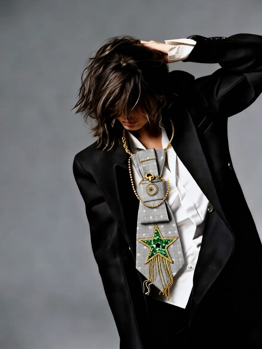 modella indossa tailleur e cravatta gioiello componibile Shiny Star