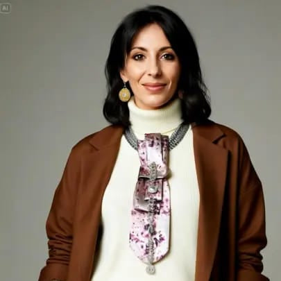 Modella Indossa Cravatta Gioiello Cherry Blossom, pullover oversize, jeans e blazer oversize color cioccolato