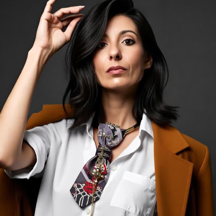 Modella indossa cravatta gioiello Imperial Cross, camicia bianca e blazer oversize marrone caffe