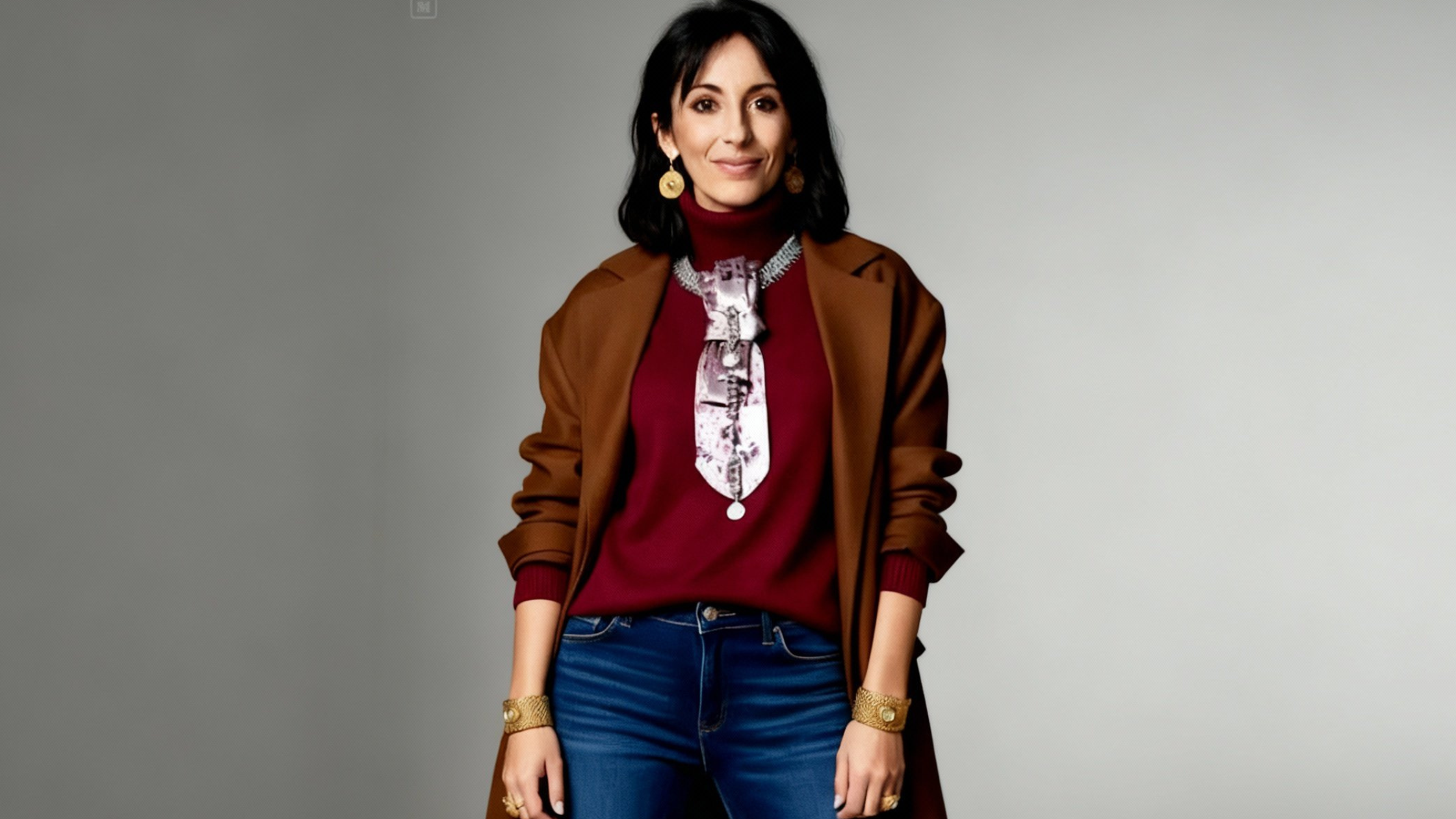 Modella indossa la collana cravatta gioiello Cherry Blossom di Claudia De Rosa Jewelry, maglione oversize bordeaux e blazer oversize color cioccolato
