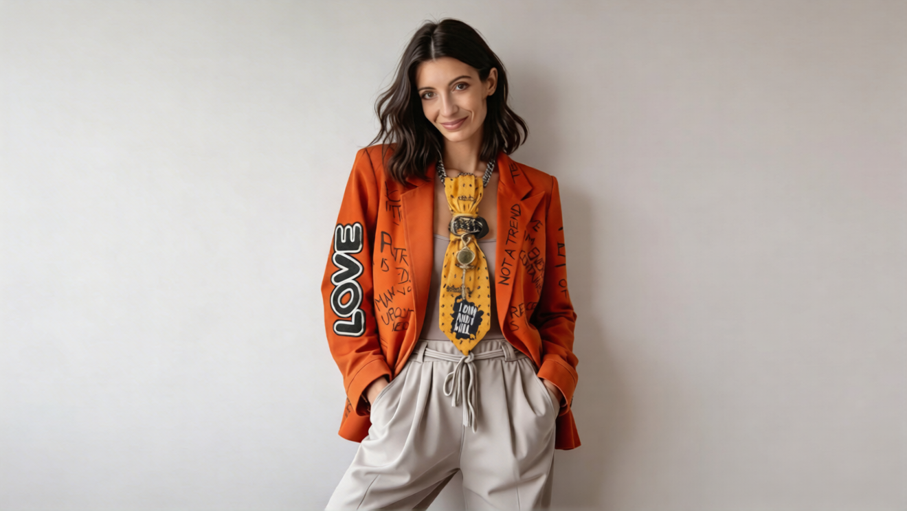 Modella indossa la cravatta gioiello componibile by claudia De Rosa Jewelry "You can do it"