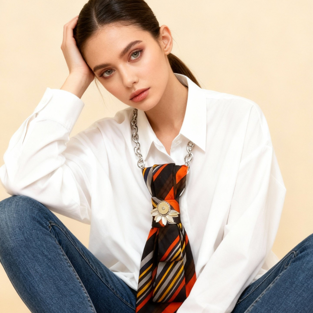 Modella seduta a terra indossa Cravatta Gioiello Stripes Fire Claudia De Rosa Jewelry – collana-cravatta in tessuto vintage rigato rosso e arancio con catena silver e fermaglio magnetico floreale.