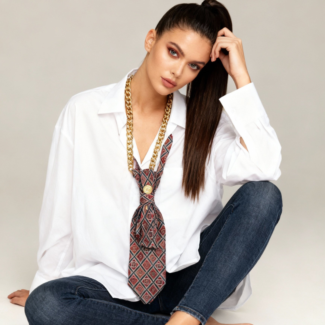 Modella seduta a terra indossa Cravatta Gioiello Vintage Rosso reale di claudia de rosa jewelry
