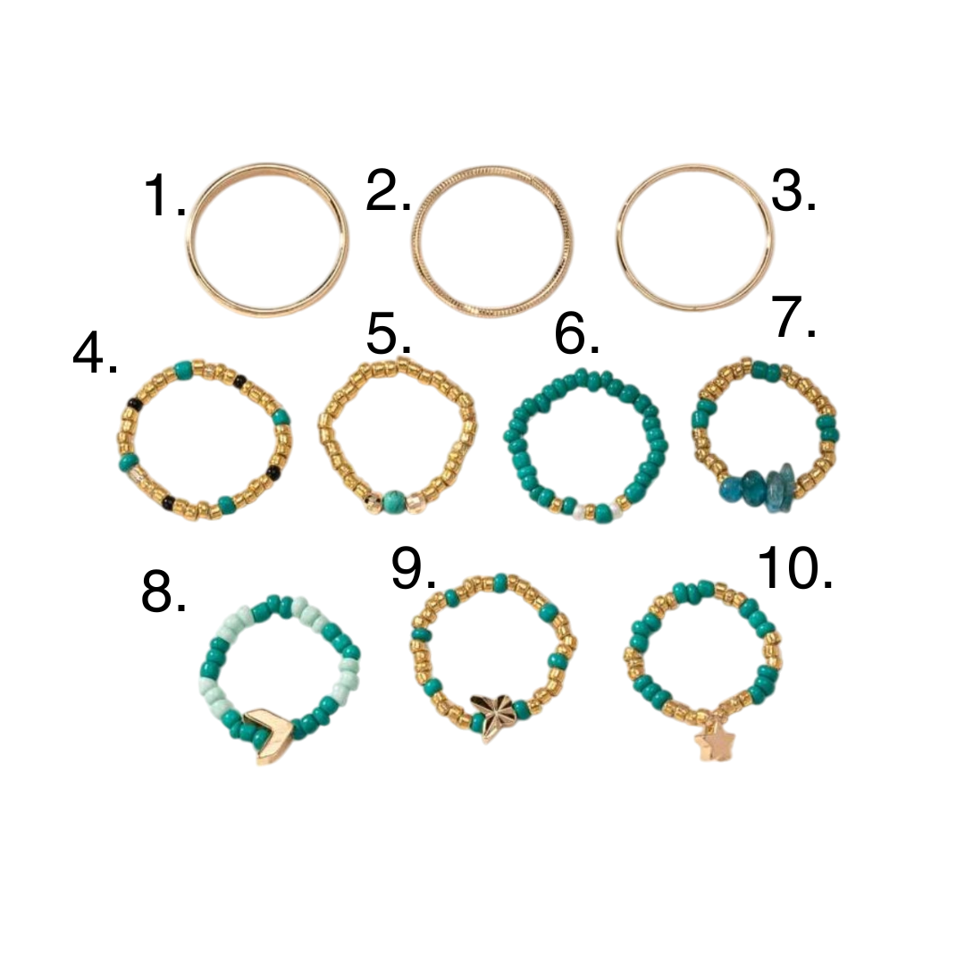 Set anelli componibili numerati realizzati con perline turchese, oro e charms