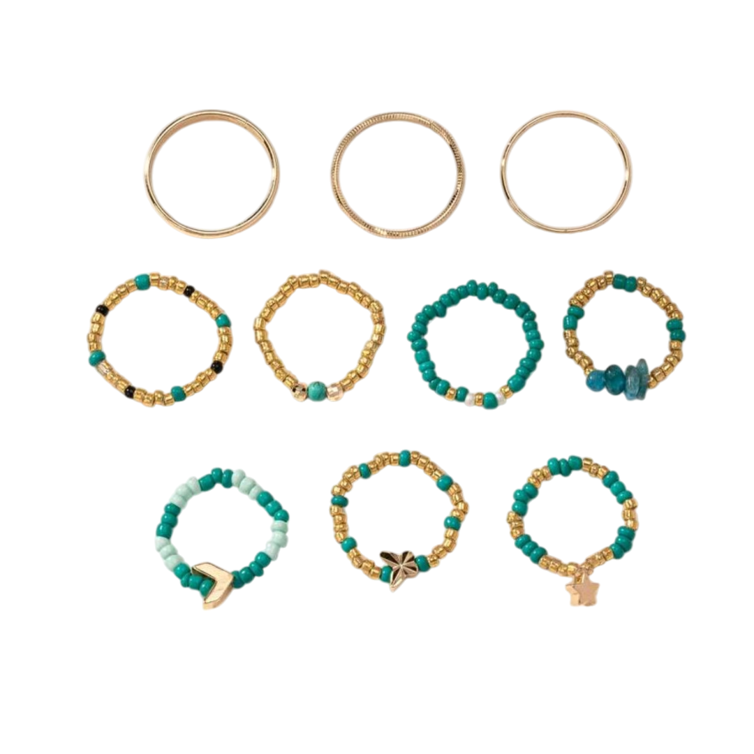 Anelli componibili realizzati a mano con perline di colore turchese, oro e charms 