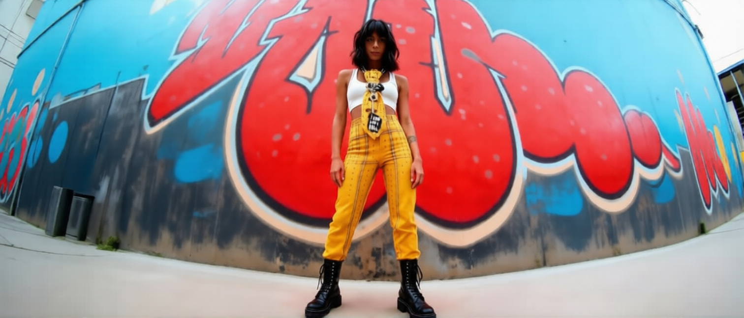 modella indossa cravatta gioiello con sfondo murales