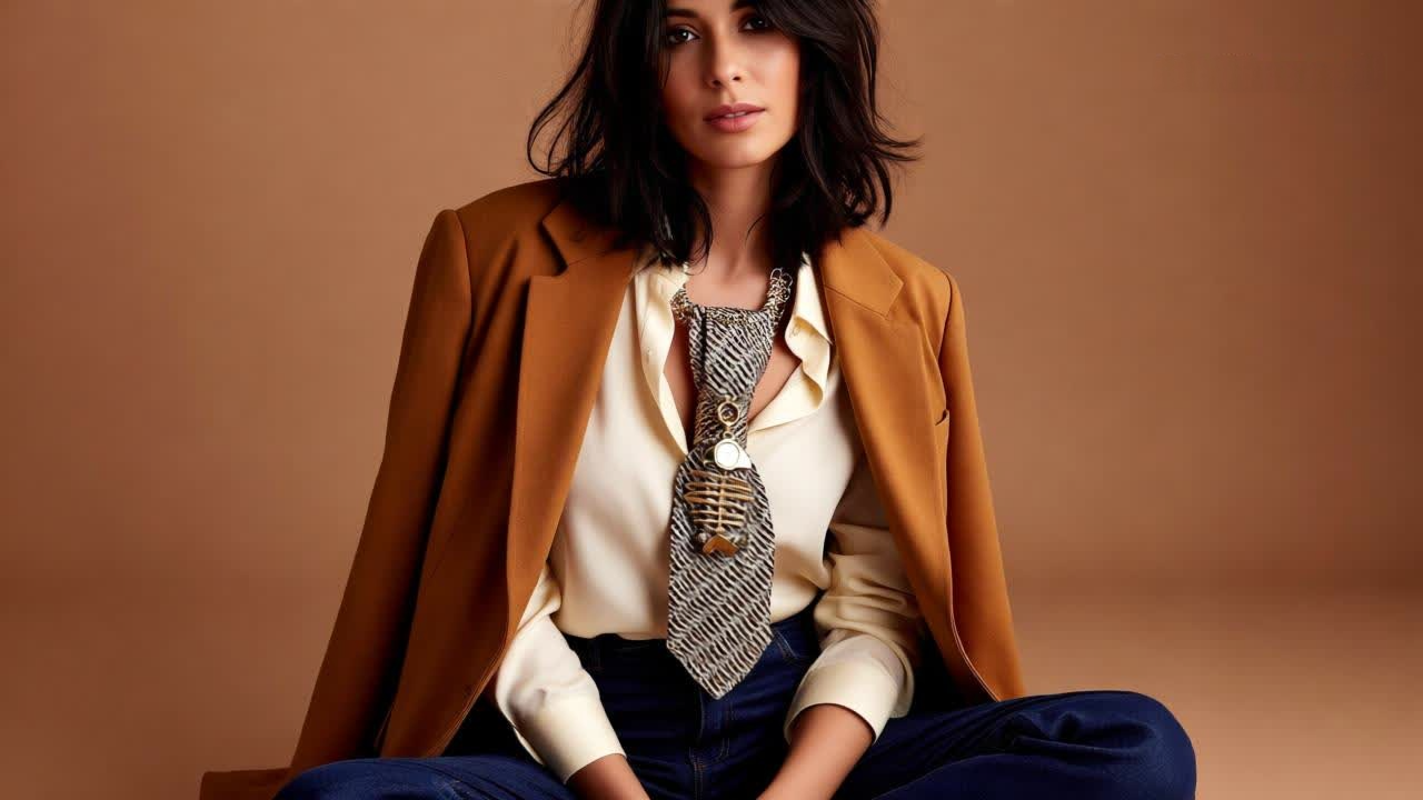 modella indossa Collana cravatta gioiello Fish Gold con pendente a forma di pesce e dettagli luminosi, jeans blu scuro e blazer color caffè