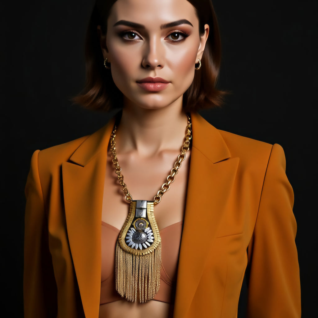 Modella indossa cravatta gioiello gold fringe