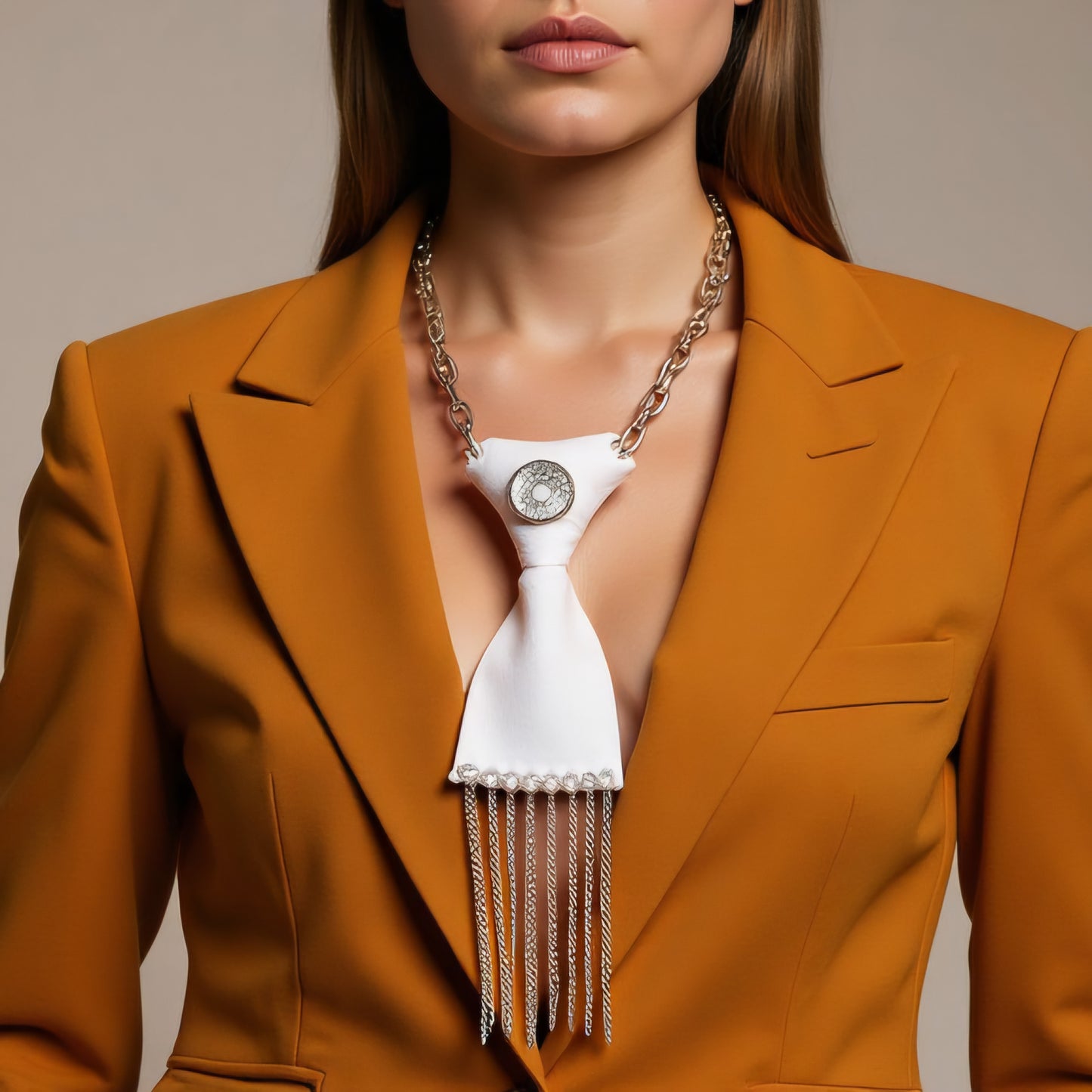 Modella indossa cravatta gioiello calamita white tie