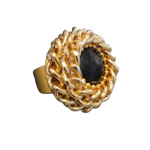 Anello Rockabilly Black Gold regolabile con cristallo Swarovski nero