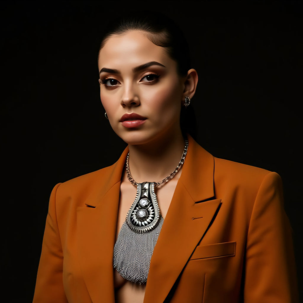 Modella indossa cravatta gioiello silver fringe